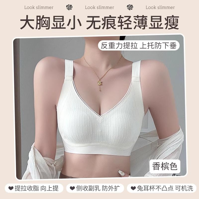 Langsha Underwear Women's Breasts Show Small Rabbit Ear Cups, Summer No Steel Ring Bra Gathers Anti-sagging Beautiful Back Bra Women