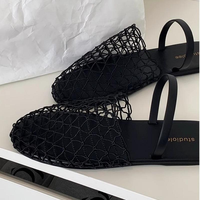 Sapatos rede de pesca nicho oco roupa exterior uma palavra com cabeça de saco sola plana chinelos frescos mulheres