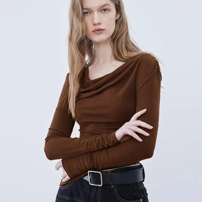 Autumn Solid Off Shoulder T-shirt Sexy Long Sleeve Pleated Top Womens T-shirts Slim Tees Clothes  Blusas 29851