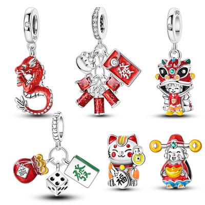 Fit Original Bracelet Charms Diy Copper Chinese Style Dragon Lucky Cat Charm Beads Spring Festival Jewelry Gift