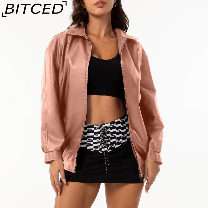 BITCED Fashionable Oversized Leather Jacket for Women Long-Sleeve Collared Spring/Fall Coat