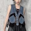 Gilet di jeans da donna estivo ampio con scollo a V e cuciture in rete, orlo vivo corto senza maniche