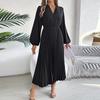 Women's Fashion Retro Color Elegant V-Neck Long Sleeve Waist Pleated Dress