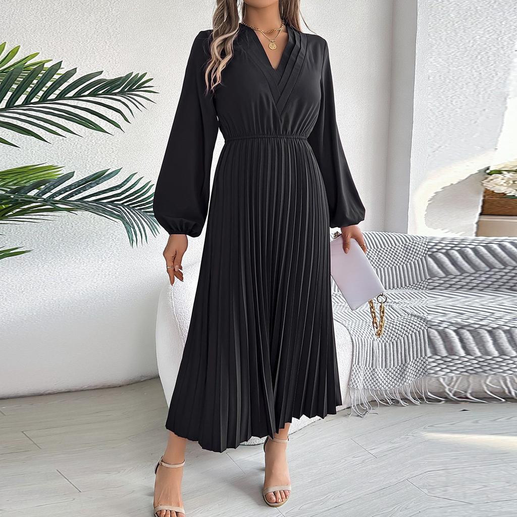 Women's Fashion Retro Color Elegant V-Neck Long Sleeve Waist Pleated Dress