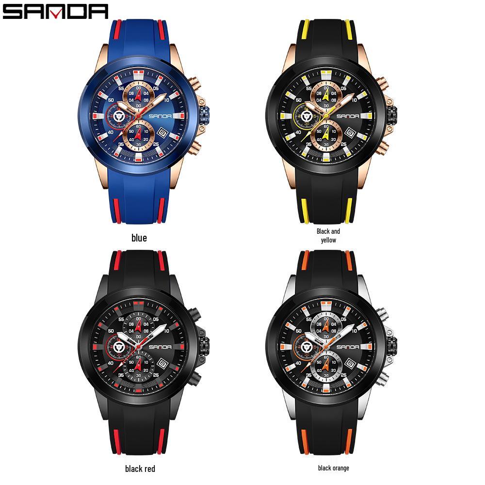 Sanda Men's Six-Needle Quartz Chronograph Calendar Silicone Strap Watch