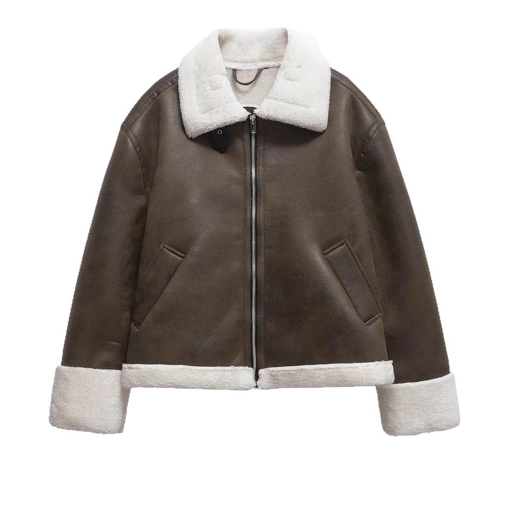 Women's Winter Shearling Suede Double-Sided Jacket with Turn-Down Collar