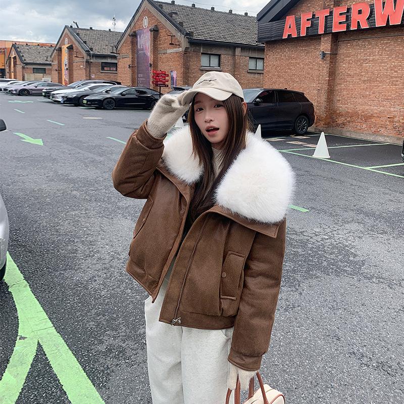 Women's Short Loose PU Winter Jacket Suede Bronzing Big Fur Collar