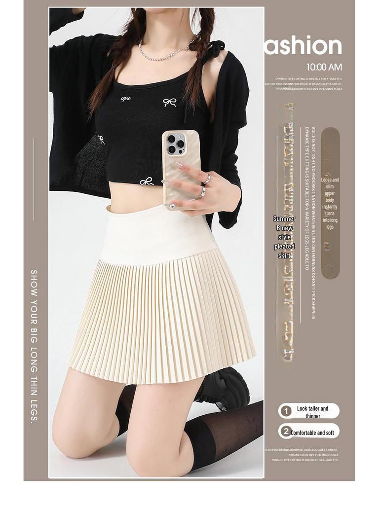 Aprikosenfarbener Damen A-Linien Rock mit hoher Taille und Falten - Kurze Frühlingsausgabe 2025