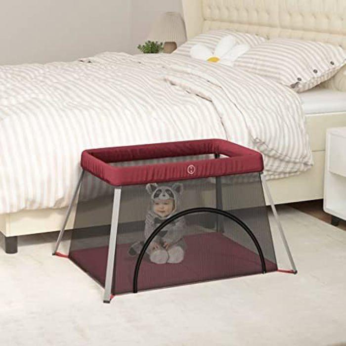 Box for Children - Revera - Red Mattress - Linen Fabric - 2-in-1 Travel Bed - Comfortable and Practical