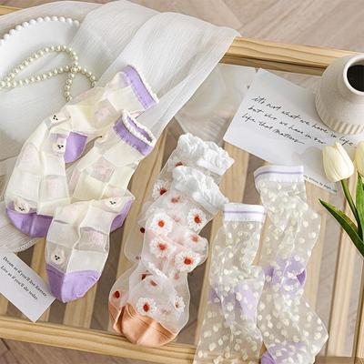 New Summer Fashion Woman Socks Summer Ultra-thin Transparent Flower Crystal Silk Socks Women Harajuku Vintage Lace Ruffle Socks