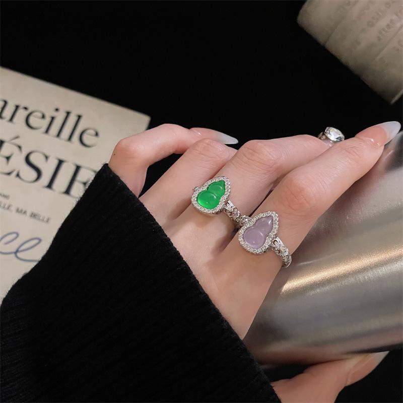 Fashion Full Diamond Zircon Da Mimi Same Open Ring Imitation Chalcedony Gourd Egg Surface Ring Woman
