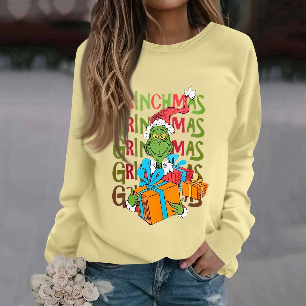 Women's Fashion Casual Long Sleeve Solid Color Christmas Printed Round Neck Top Sweatshirt