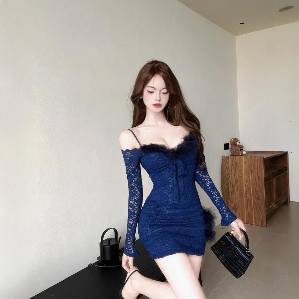 Suspender shoulder autumn and winter new sexy fluffy splicing solid color lace long sleeve hip wrap short dress