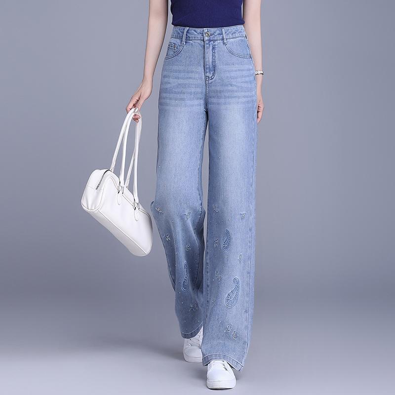 Denim wide-leg pants women's new heavy industry embroidery hot diamond drape spring and summer thin pants