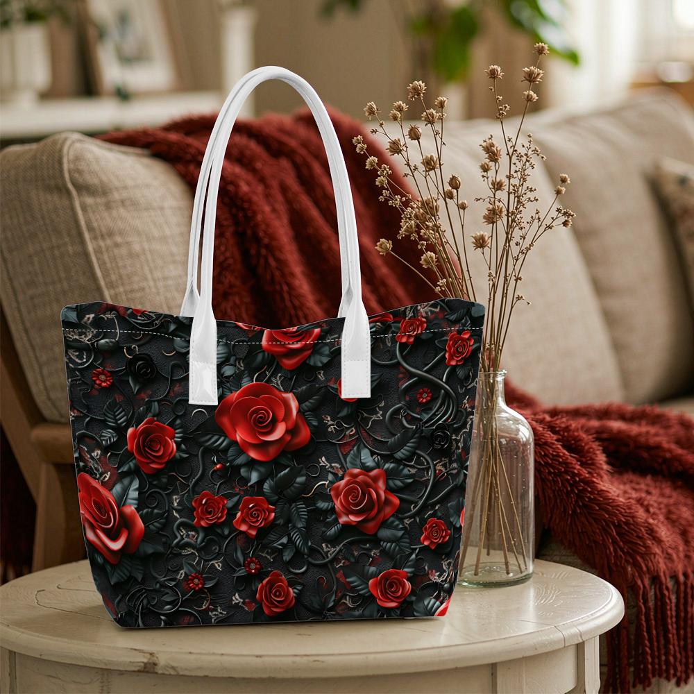 Elegant Red Rose Print Tote Bag Fashionable Daily Carry Shoulder Bag for Women