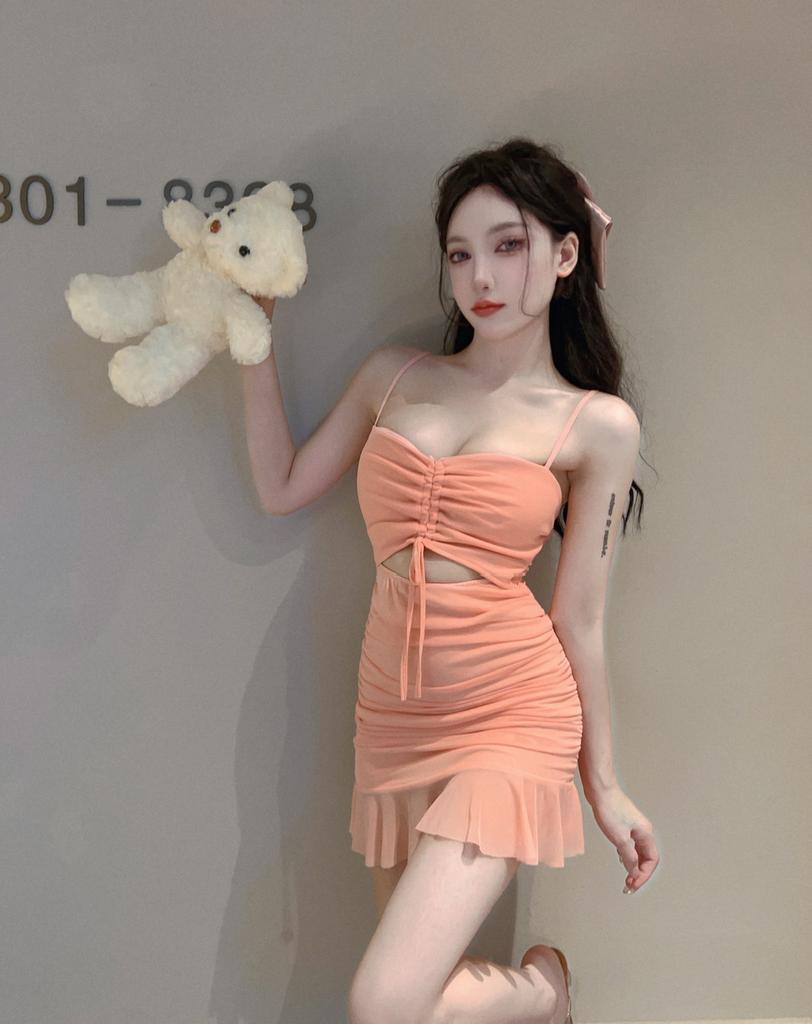 Pure Desire Style Sexy Mesh Splicing Temperament Suspender Dress Women's Waist and Thin Small Black Dress Drawstring Hip-wrapped Short Skirt