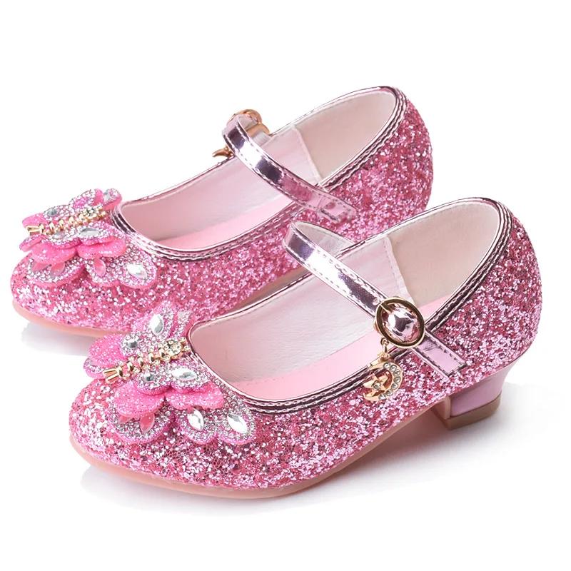 Fashion Children Princess Shoes Glitter Rhinestone Girls High-heels Leather Shoes for Party Wedding Kids Versatile Single Shoes