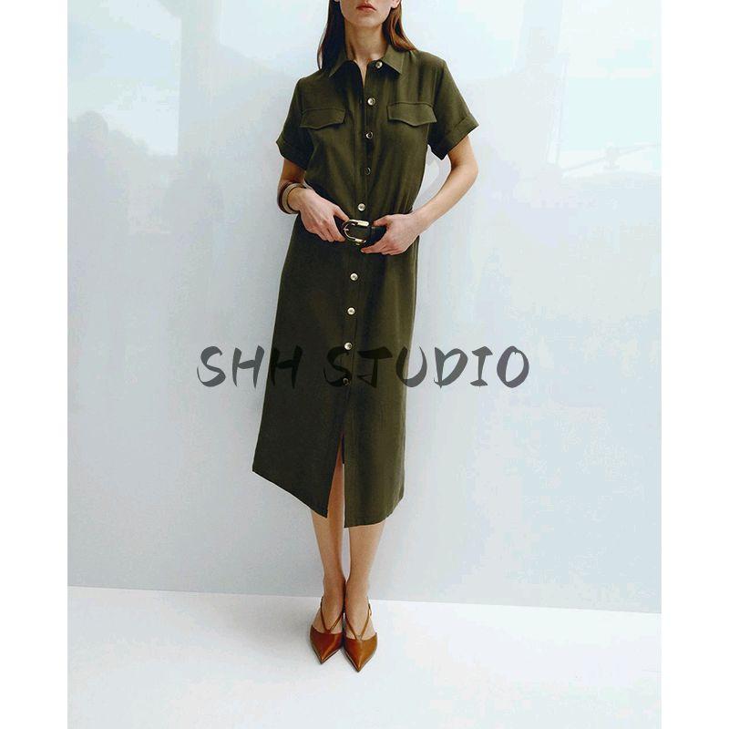 Spring New Women's Clothing American Style Classic Style with Belt Short Sleeve Lapel Shirt Dress 3897060