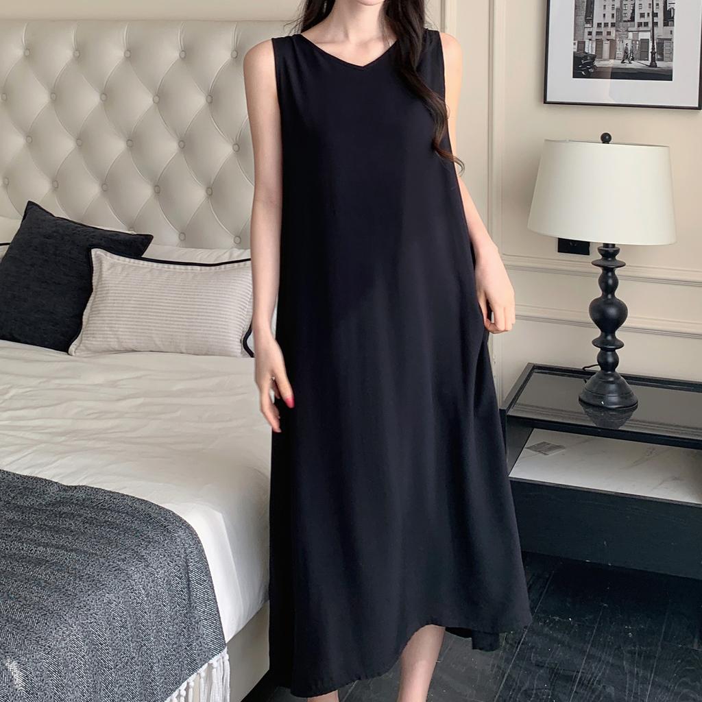 Maillard Solid Color Kinked Sleeveless Vacation Dress Women's Summer Loose and Thin Cotton and Silk Nightdress Can Be Worn Outside Cotton Silk Skirt