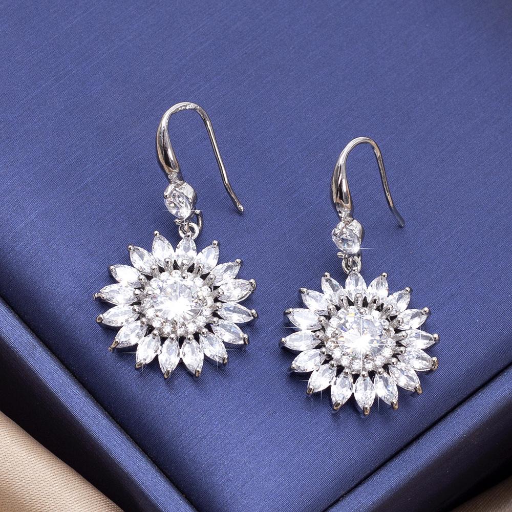 French Style Sunflower Zircon Earrings - Elegant Round Design for Weddings & Christmas Gifts