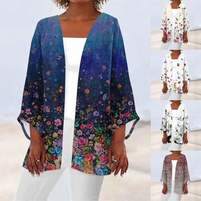 Dámská ležérní móda s retro potiskem, lehká bunda střední délky, cardigan