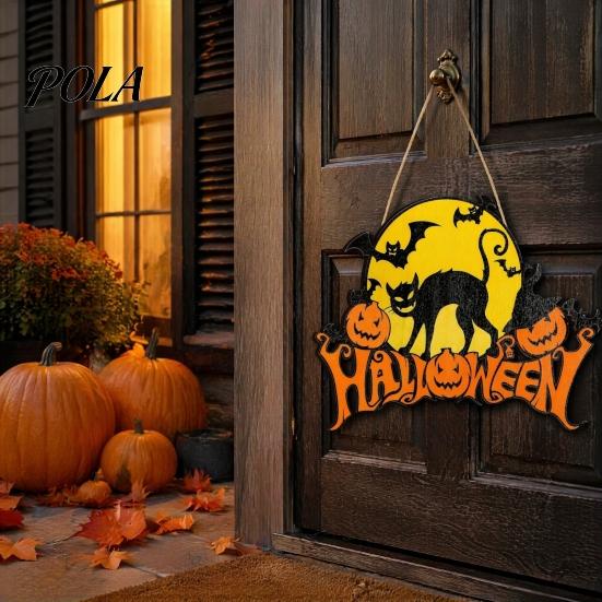 Retro Moon Wall Ornament Halloween Wood Door Hanger Sign, Pumpkin And Black Cat Printed, with Hemp Festive Party Decoration Rope Lanyard, Decorative