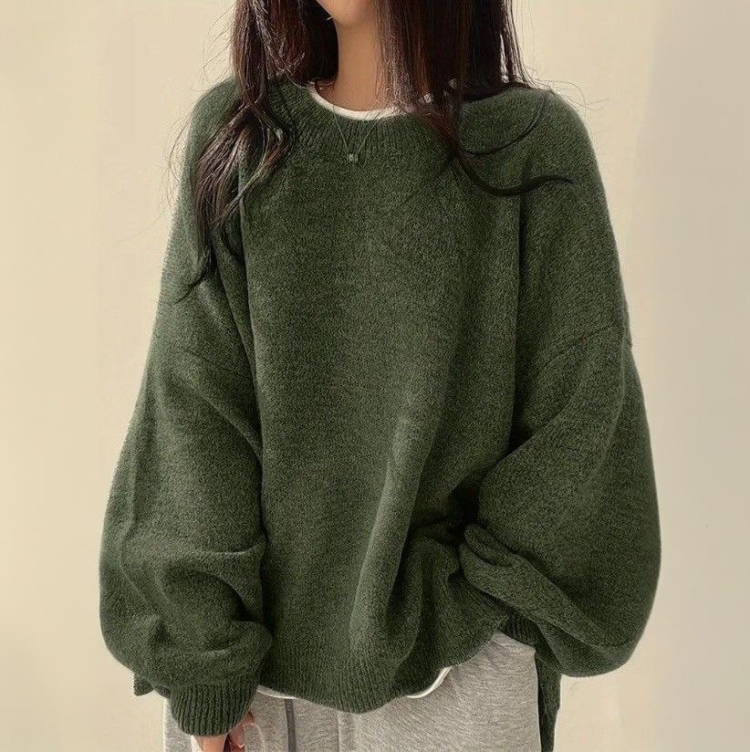 Maglioni da Donna Vintage Autunno Inverno Manica a Lanterna Nera Pullover in Maglia Oversize Coreani Monocolore Base