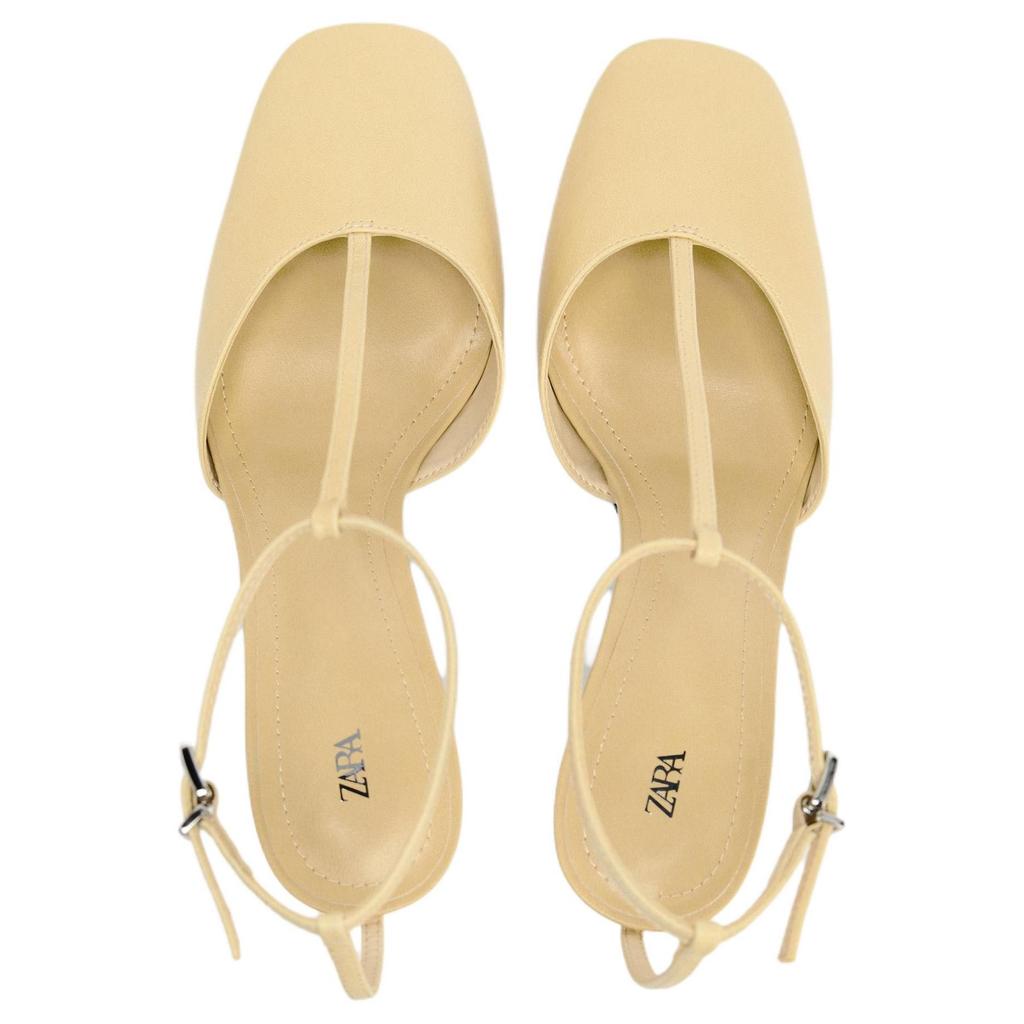 ZARA Elegant Fashion Leather Strap Square Toe Open Back Stiletto Heels 7.3Cm Women heels Vanilla-Yellow 11200510-38