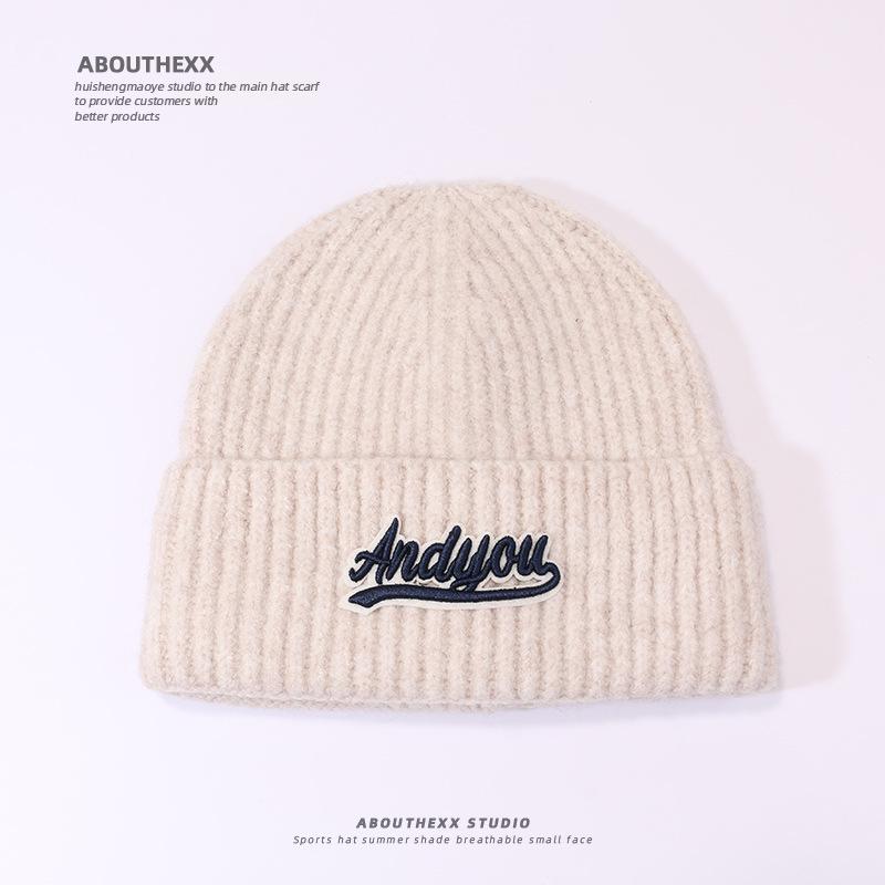 Autumn and Winter Wool Hat for Women's Letters Versatile Knitted Hat Korean Style Fashion Ear Protection Warm Hat Outdoor Student Pullover Hat