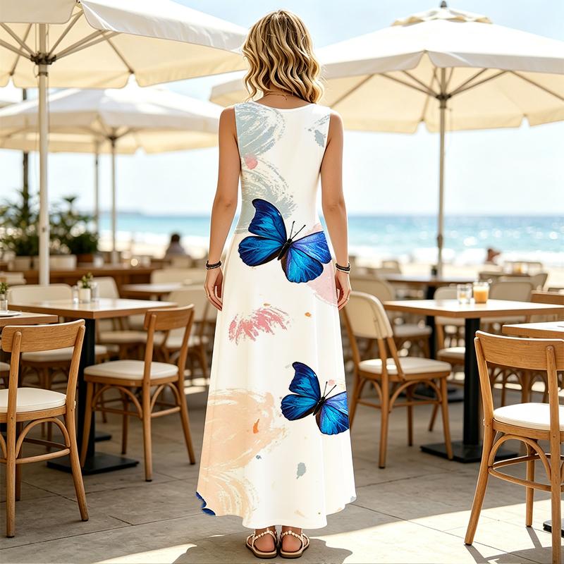 Women's Sleeveless Beach Dress,Lightweight Loose Fit with Big Butterfly Design,Summer Fashion for Casual Outings & Beach Vacations