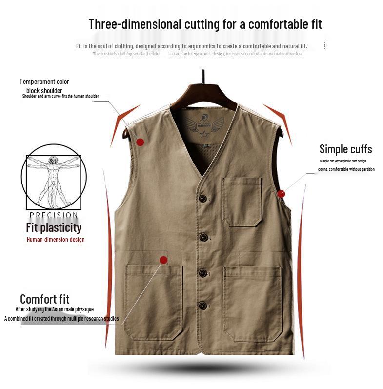 Men's Plus Size Cotton V-Neck Fishing Vest – Middle-Aged & Elderly Casual Sleeveless Jacket
