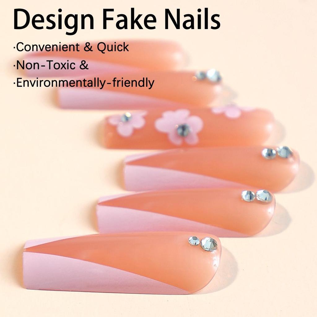 French Flower Rhinestone Nail Art Tips - Long Wearable False Nails