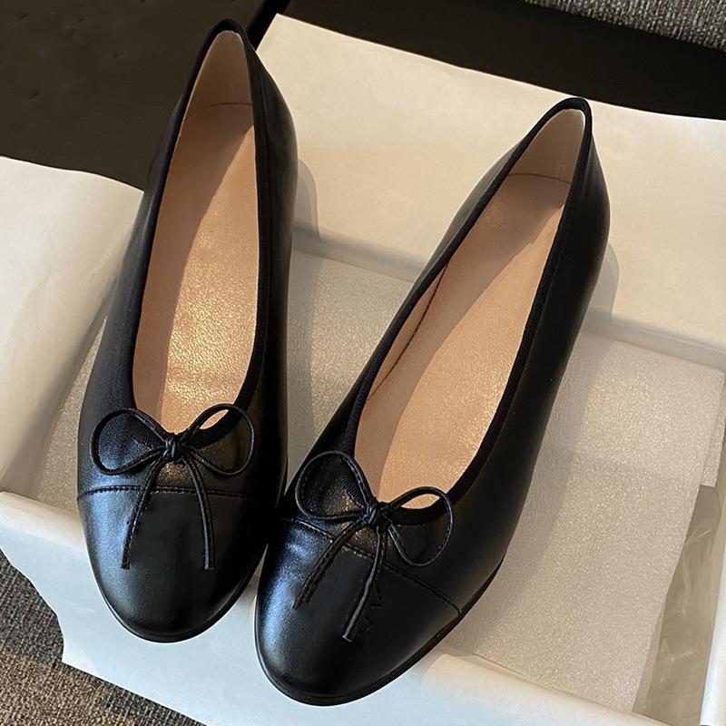 Women's Ballet Flat Shoes 2026 Spring New Round Toe French Elegance High-quality Leather Shoes Bow Comfortable Casual Shoes