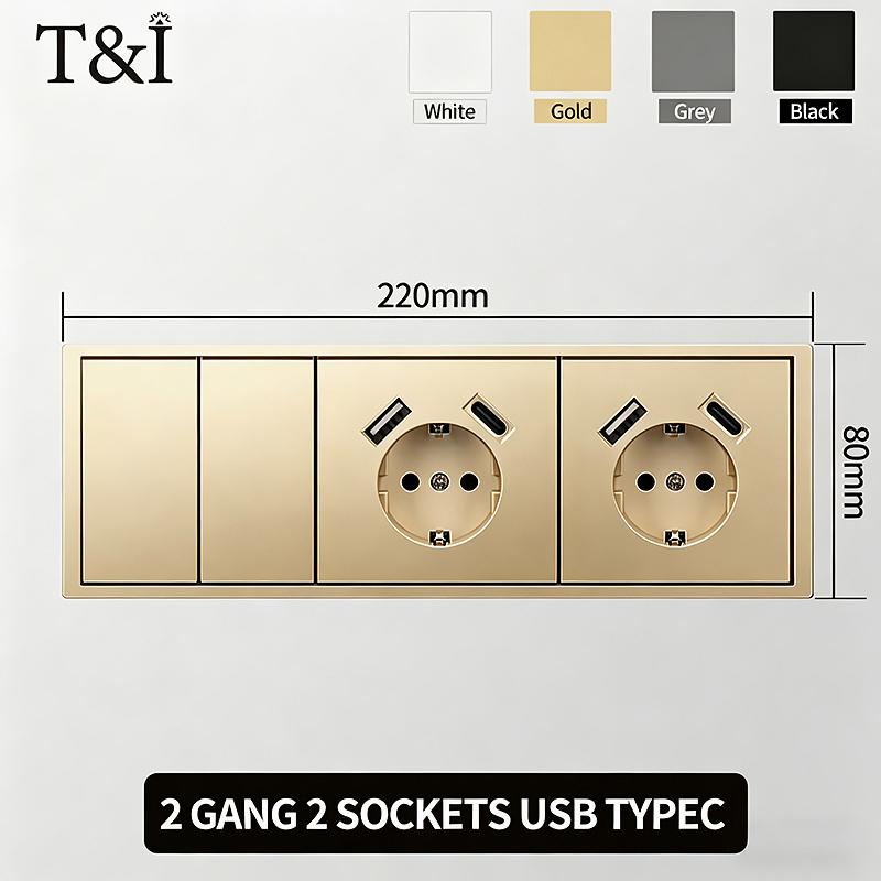 Flush Mount EU Electrical Socket 16A 250V with USB Type-C Charging 1/2 Gang Switch, 80x80mm Golden Panel for European Standard