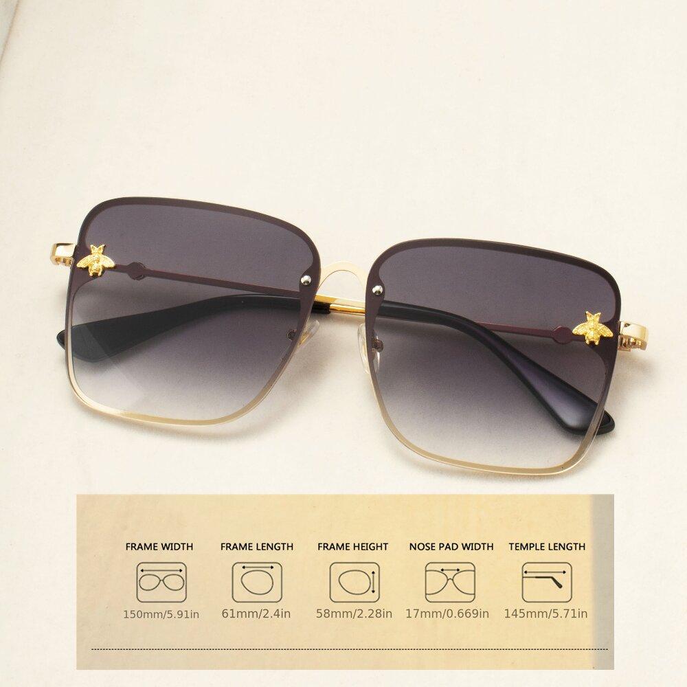2PCS New Fashion Lady Oversize Rimless Square Bee Sunglasses Women Men Small Glasses Gradient Sun Glasses Female UV400