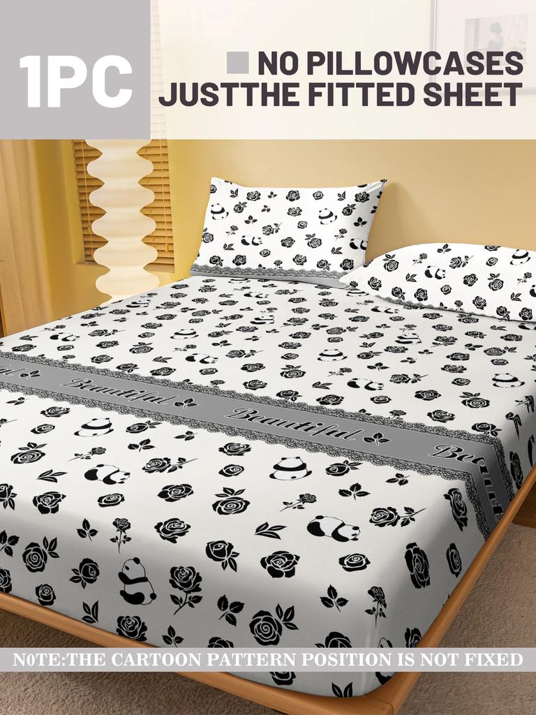 Simple 1 Modern Plant Flower Rose Printed Matte Fitted Sheet, Bedroom Printed Bed Cover, Bedding Excluding Pillowcases