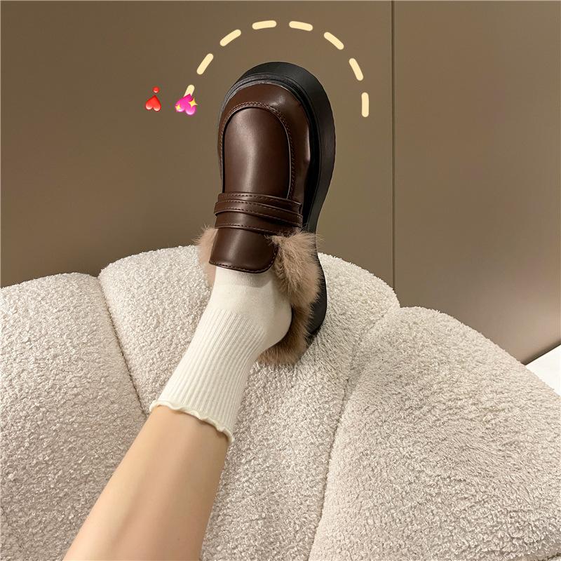 Fury Hausschuhe Winter Schwarz Plateau Pantoletten Halbschuhe Plüsch Herbst und Winter Baotou Oberbekleidung Flip Flops Warm Lässige Slipper