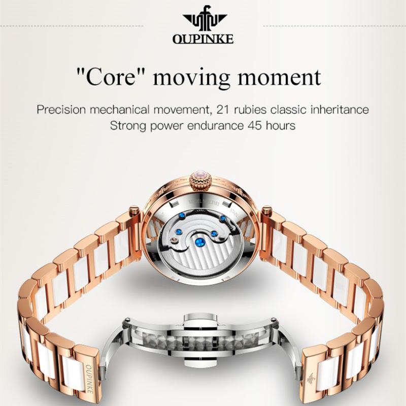 OUPINKE Nouvelle Montre Dame d'Affaires et de Loisirs Montre Mécanique Automatique Étanche Incrustée de Diamants Montre Haut de Gamme
