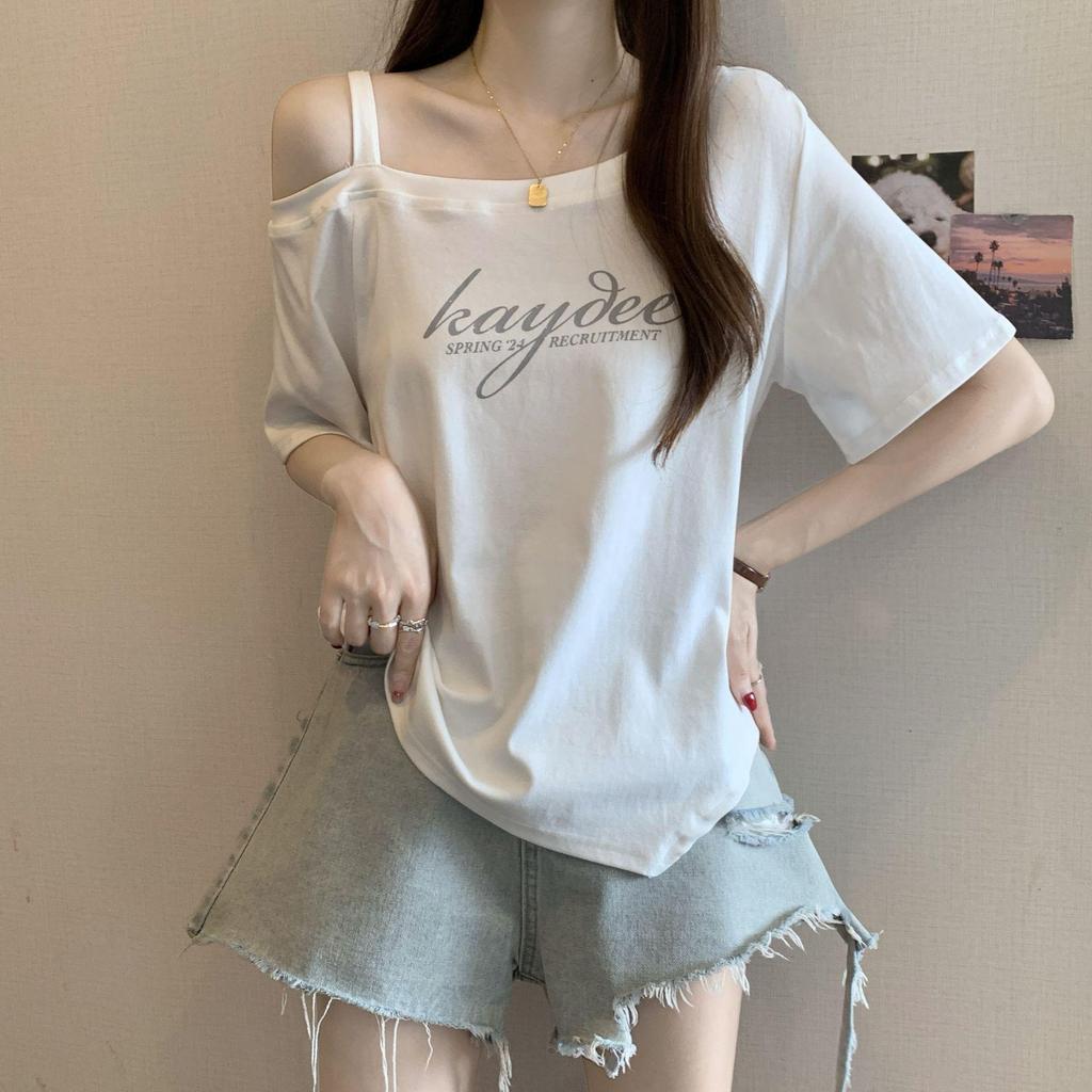 2025 Spring/Summer Plus Size Off-Shoulder Letter Print T-shirt - Women's Trendy Loose Slimming Fashion