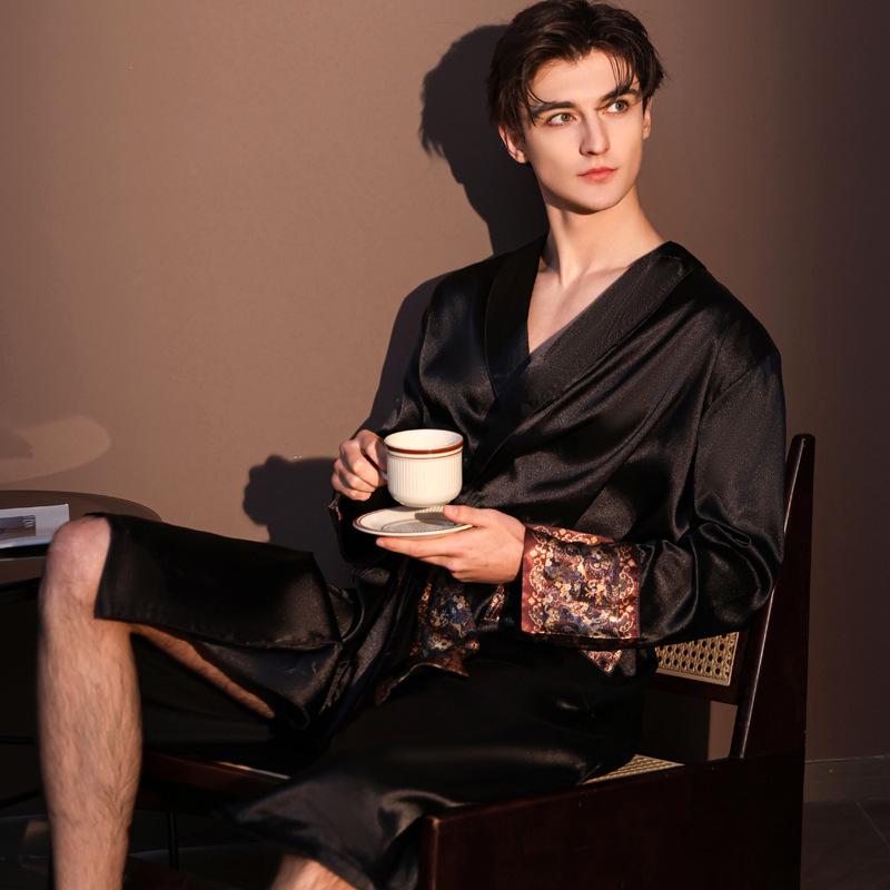 Men's Spring & Autumn Long Sleeve Ice Silk Pajama Robe - Mid-Length, High-End Feel