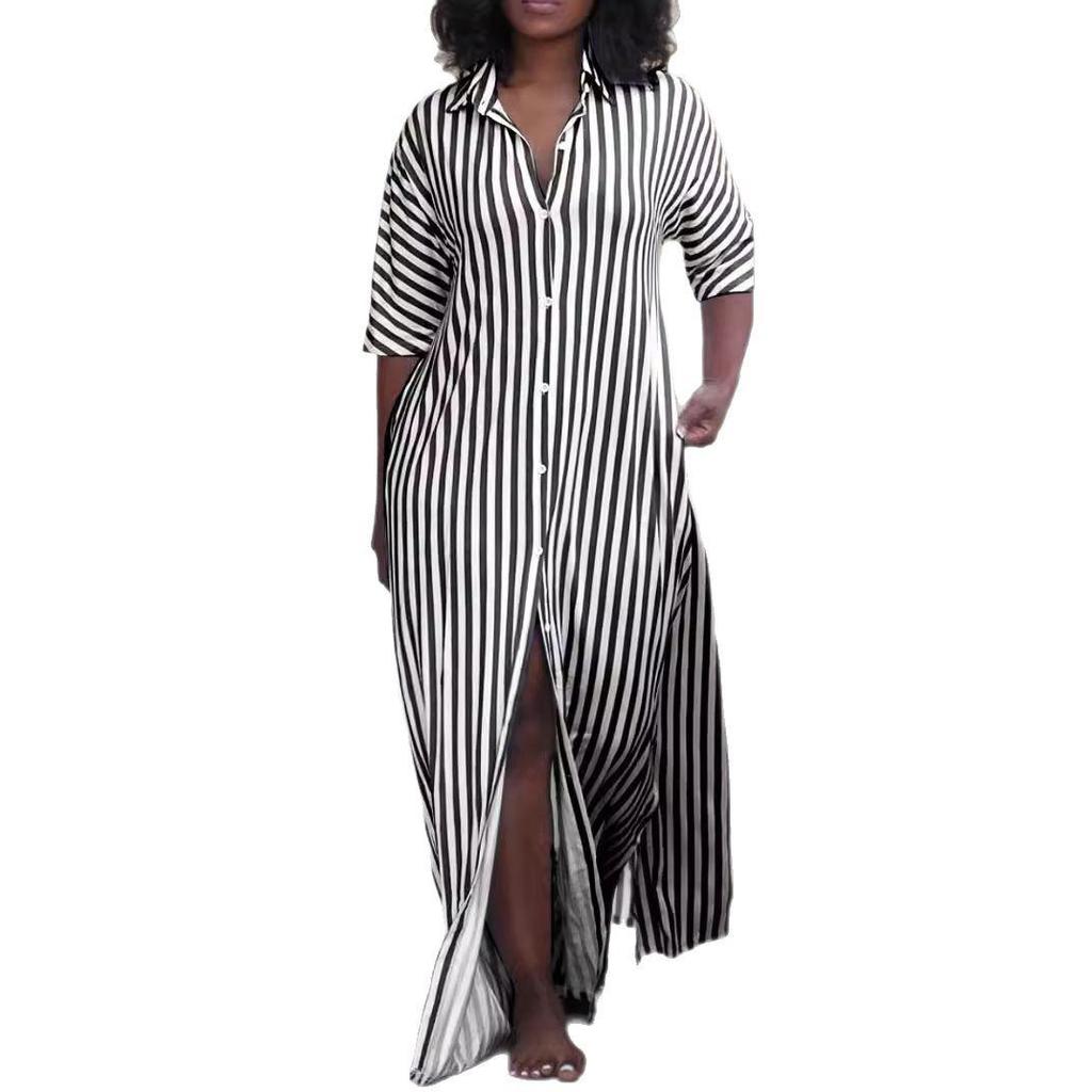 Women's Summer V-Neck Striped Shirt Dress - Loose Fit, Hot Style