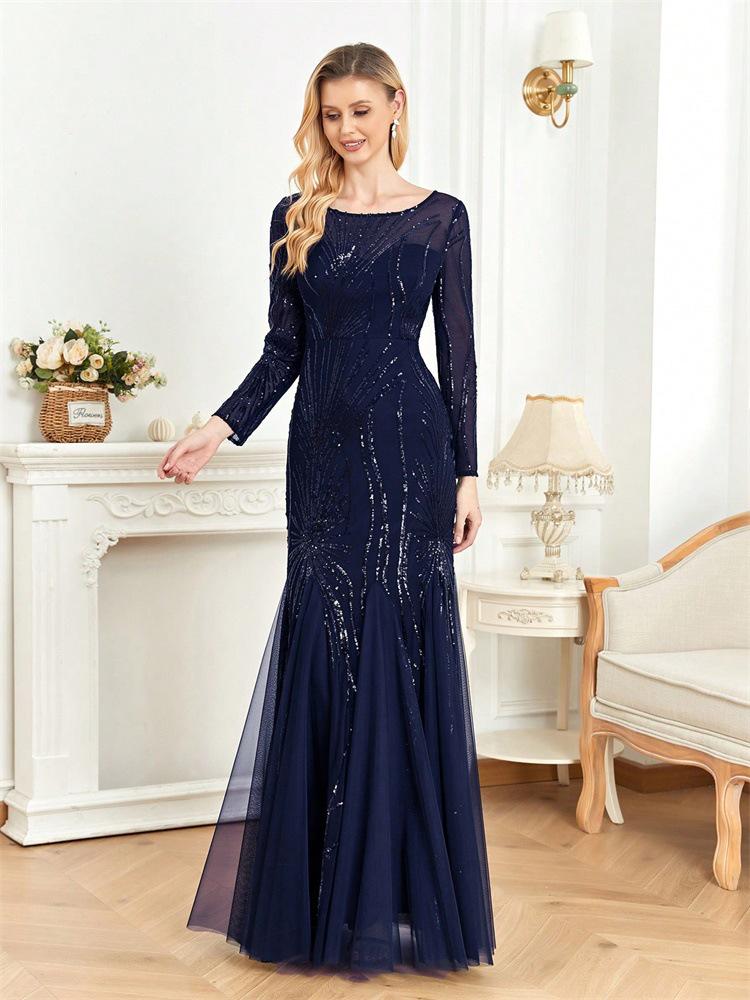 

Elegant 2022 Long Sleeve Slim Fit Fishtail Bridesmaid Evening Gown XXL темно-синий