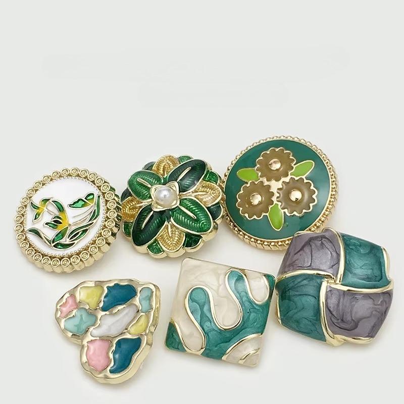 10PCS Of National Style Enamel Colorful Metal Buttons Burnt Blue Palace Oil Square Flower Clothing Button