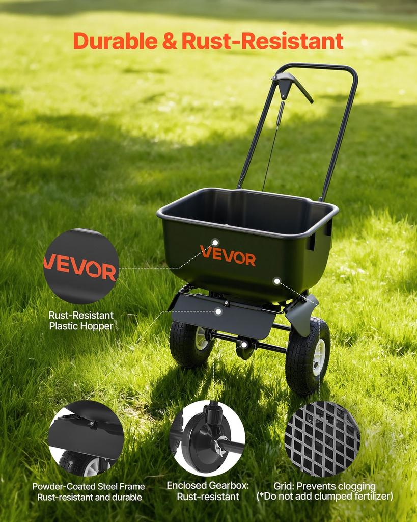 Schiebe-Rasenstreuer, 3,6m Streubreite, Streuwagen mit 36,3kg Ladekapazität & 10 Zoll All-Terrain-Reifen, Handgeführter Garten- und Rasenstreuer