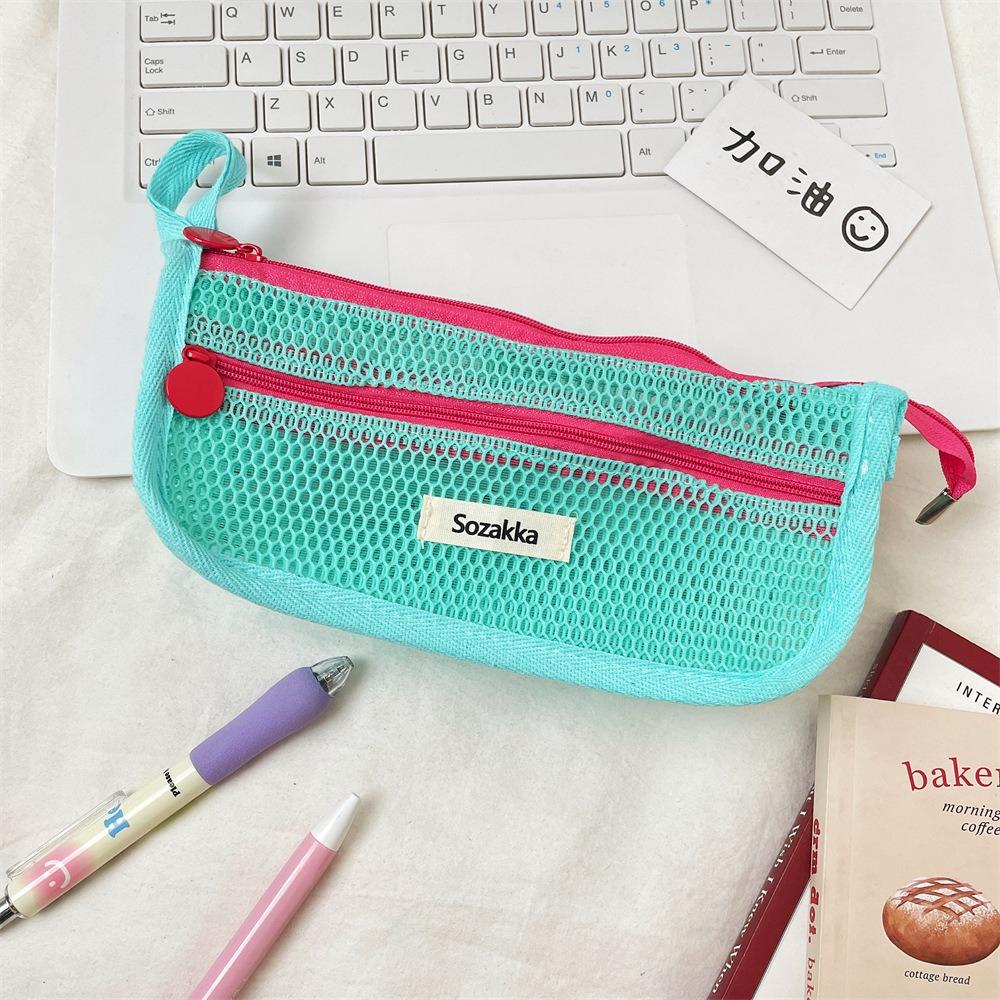 Retro Color Transparent Pencil Bag Nylon Zipper Stationery Bag Portable Mesh Pencil Case  Outdoor