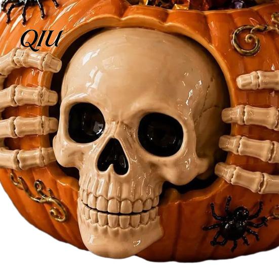 Unique Halloween Party Ornaments Skull Pumpkin Candy Jar with Top Hat Lid, Resin Decorative Interior Decorations Storage Container, Desktop Organizer