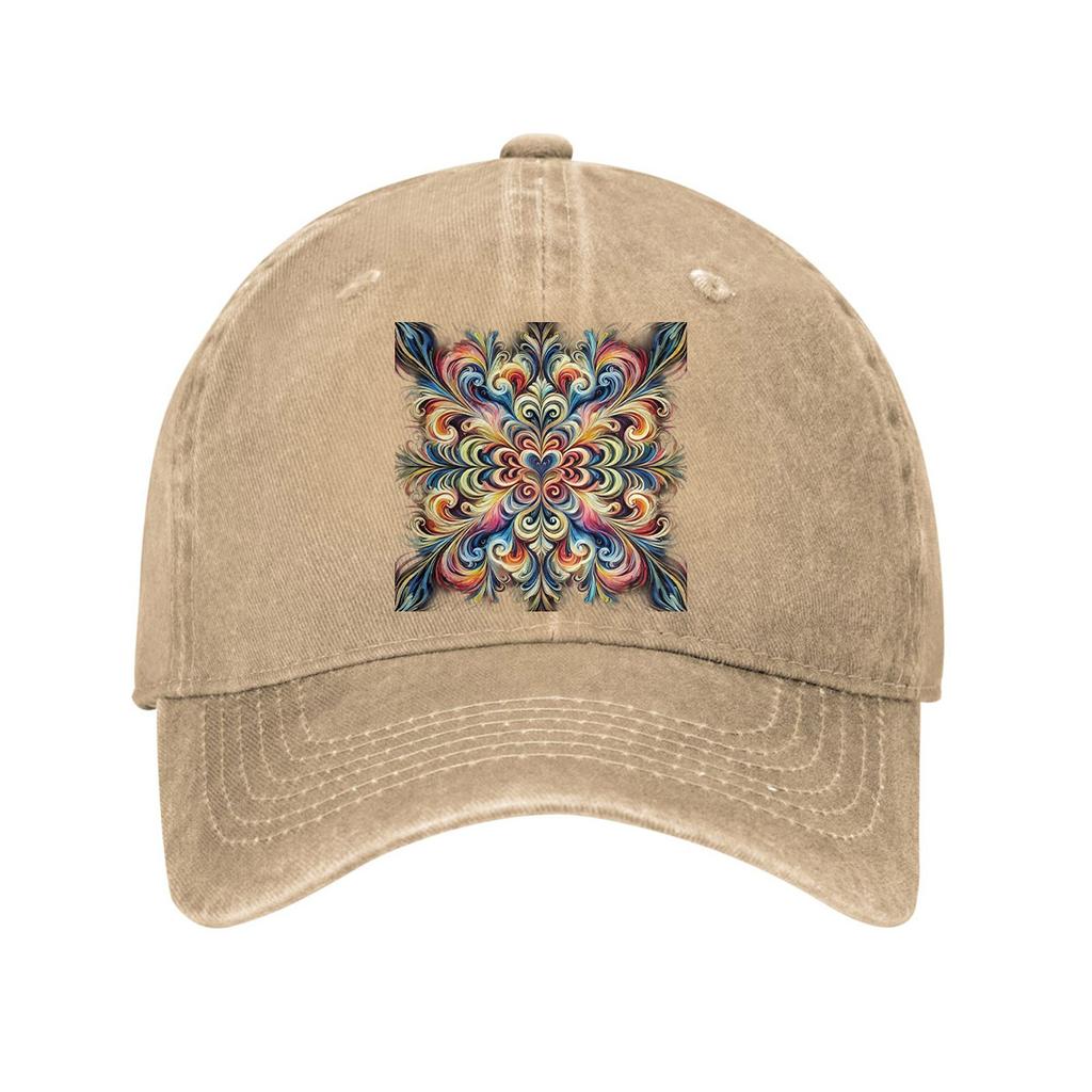 Vibrant Mandala Print Washed Denim Baseball Cap Psychedelic Abstract Curved Brim Adjustable Dad Hat Unisex