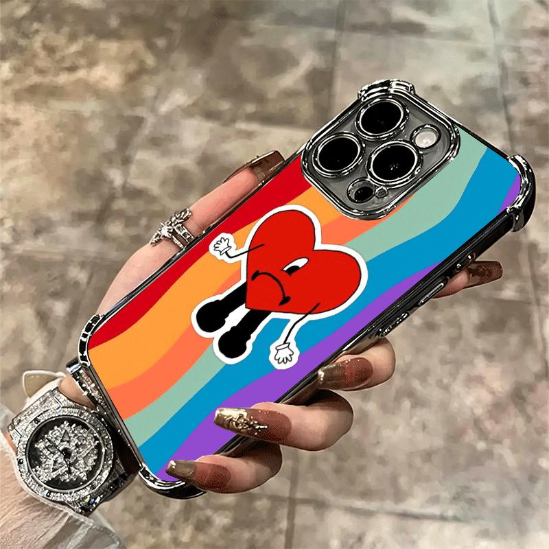 Bad Bunny Heart Plating Phone Case For Iphone 16 17 Pro Max Air 16E 14 15 Plus 12 13 Mini Anti-Fall Airabag Cover