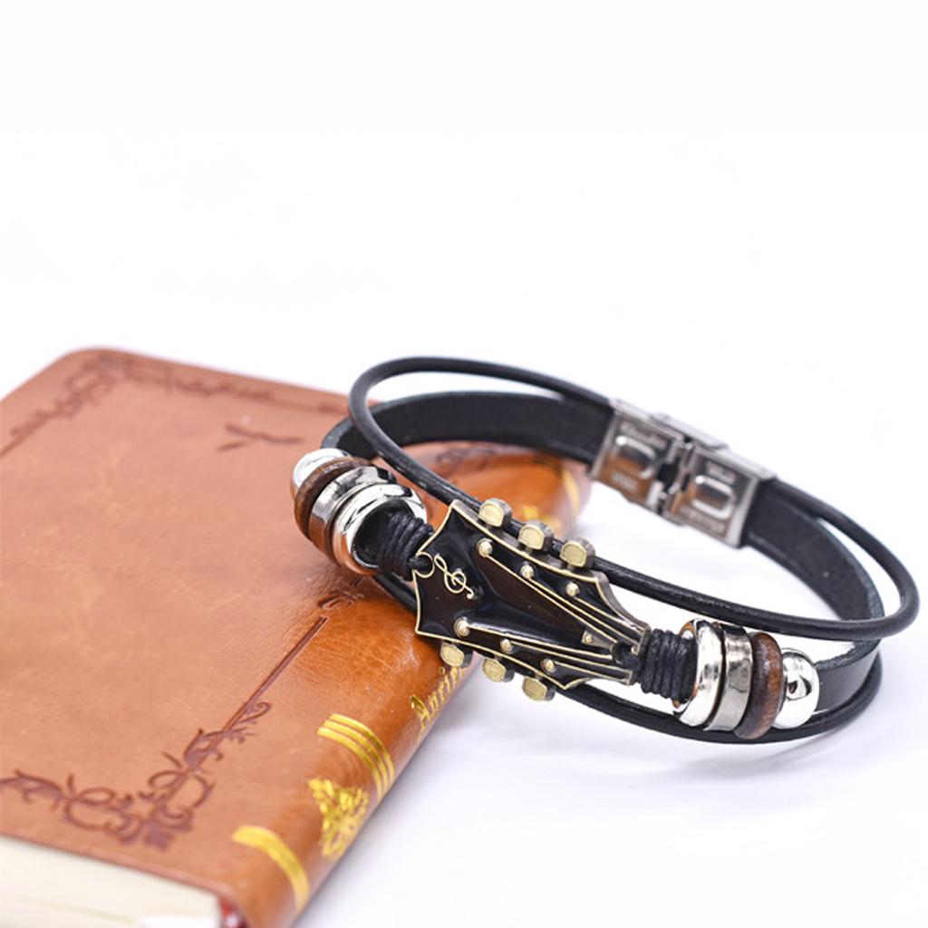 Alloy Music Guitar Leather Bracelet With  Flag Colored Enamel Stainless Steel Buckle And Woven Leather Strap.