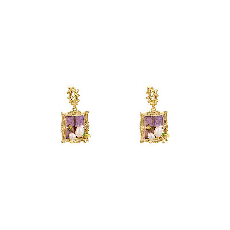 Baroque Purple Flower Pearl Tassel Earrings - Elegant Retro Ear Ornaments for Women